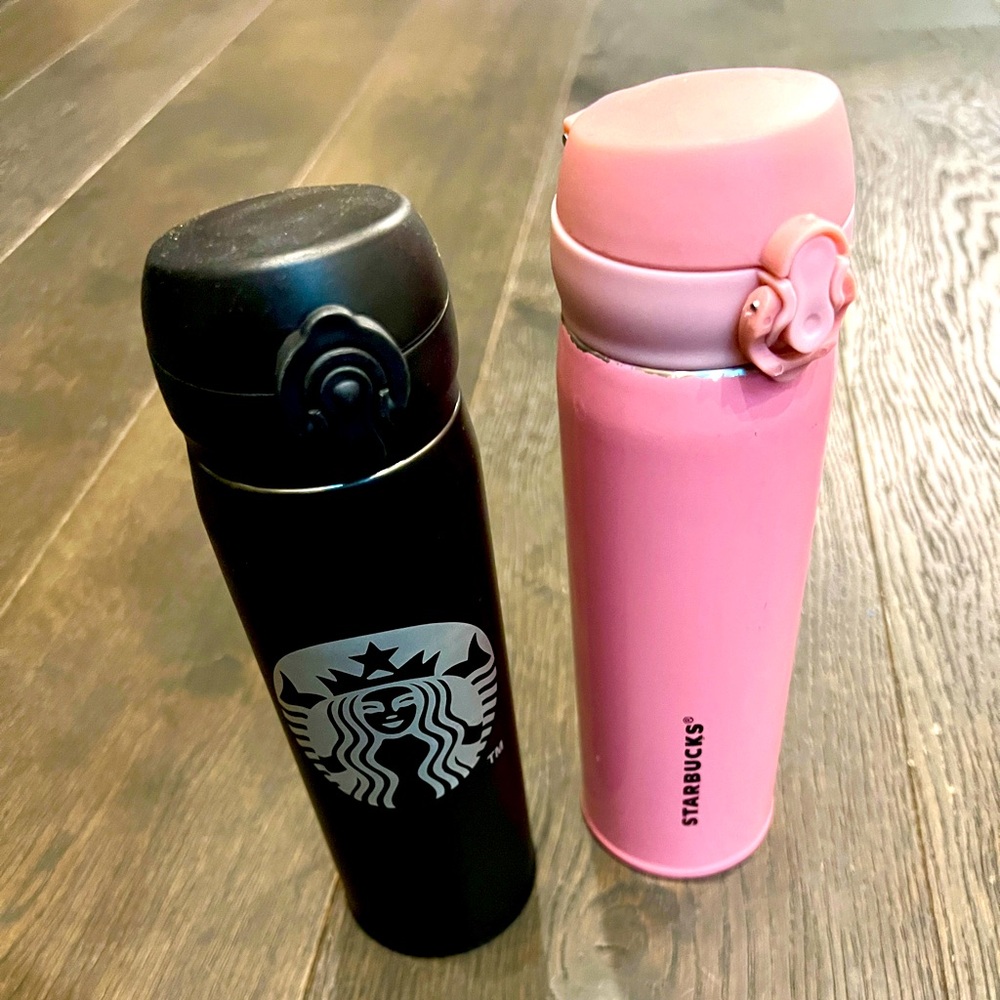 Set 2 Starbucks Stainless Steel Thermos Insulated Water Bottles Black‎ Pink 16oz